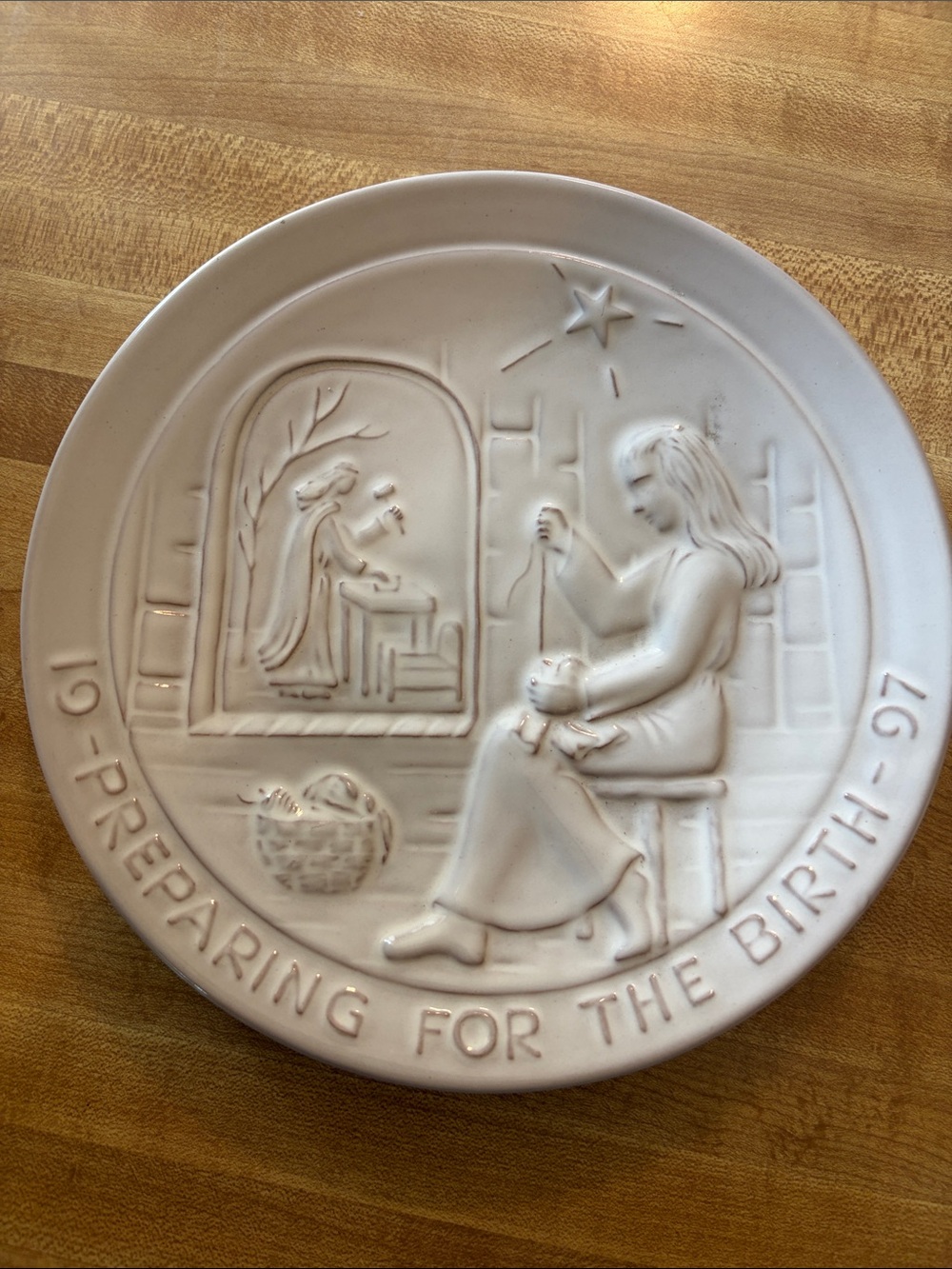 Frankoma White Embossed 'Preparing for the Birth' Ceramic Wall Plate